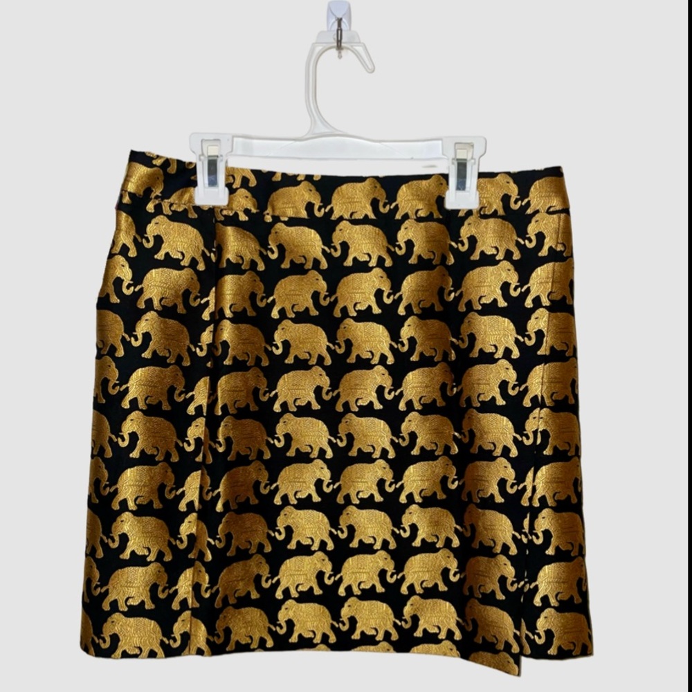 J Crew Black and Gold Elephant Pattern Mini Skirt size 2